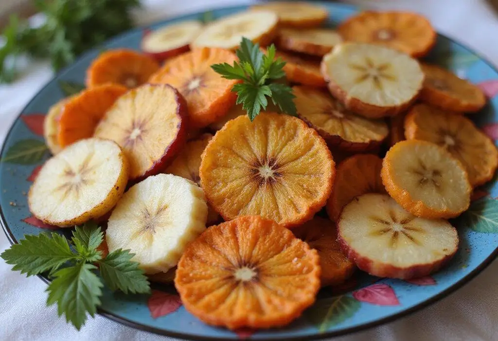 Final presentation of air fryer fruit and vegetable chips, showcasing delicious apple chips, banana chips, carrot chips, and plantain chips.