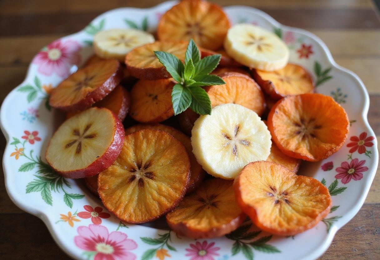 Final presentation of air fryer fruit and vegetable chips, showcasing delicious apple chips, banana chips, carrot chips, and plantain chips.
