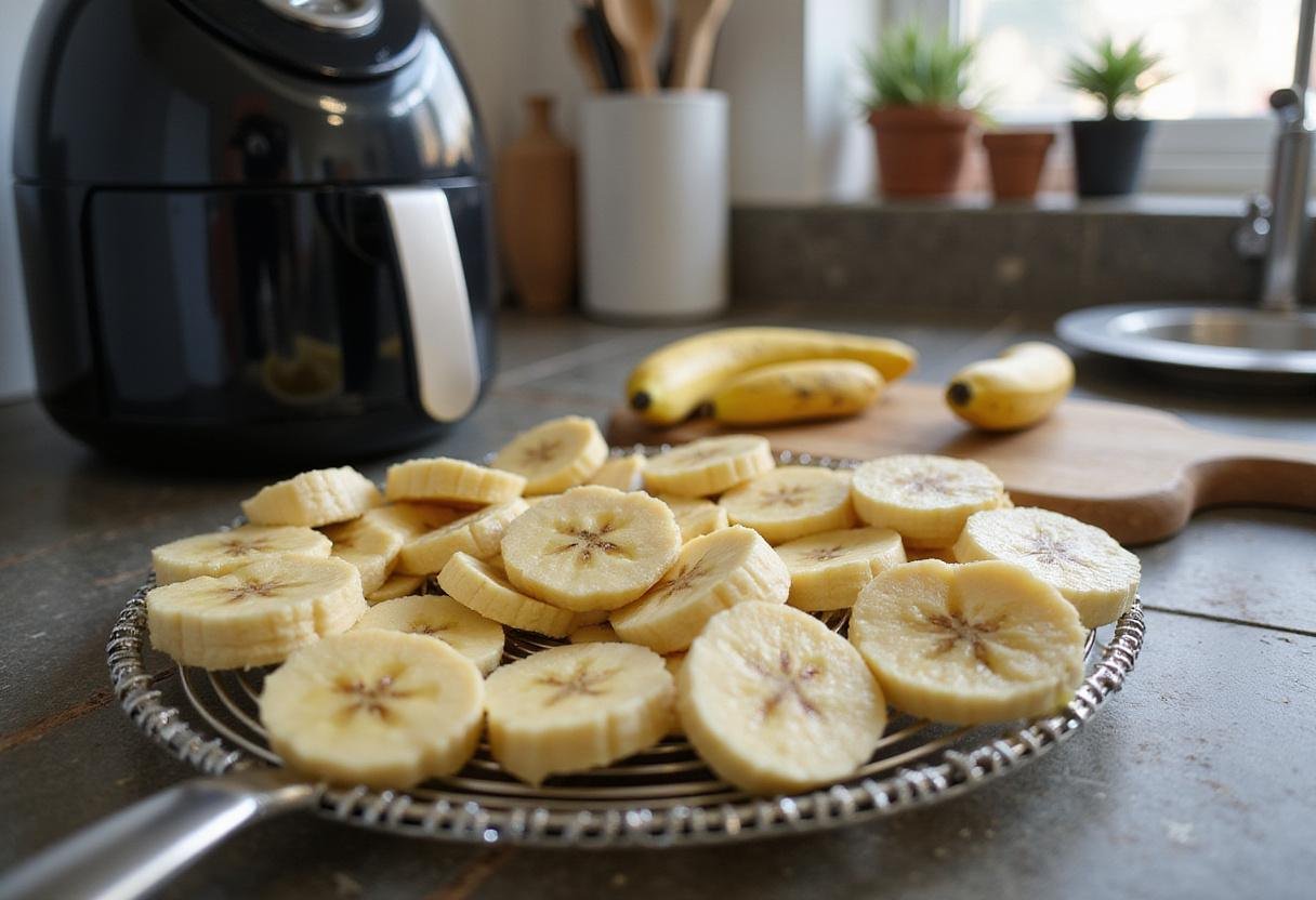 Making air fryer banana chips with fresh banana slices on a drying rack, nourishing and tasty treats.