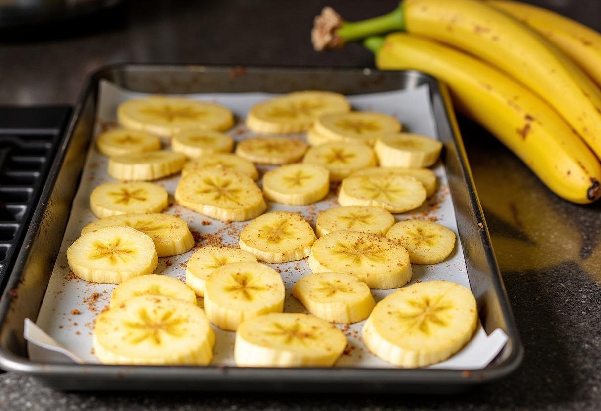 Preparing air fryer plantain chips with sliced plantains on a tray for seasoning, delicious snack option.