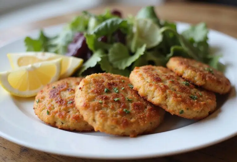 Deliciously crispy air fryer salmon cakes served with a fresh salad and lemon wedges, showcasing a perfect healthy dish.