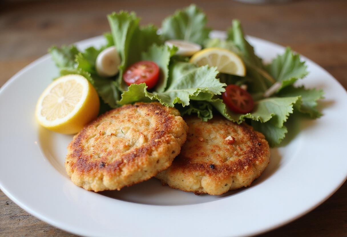 Deliciously crispy air fryer salmon cakes served with a fresh salad and lemon wedges, showcasing a perfect healthy dish.