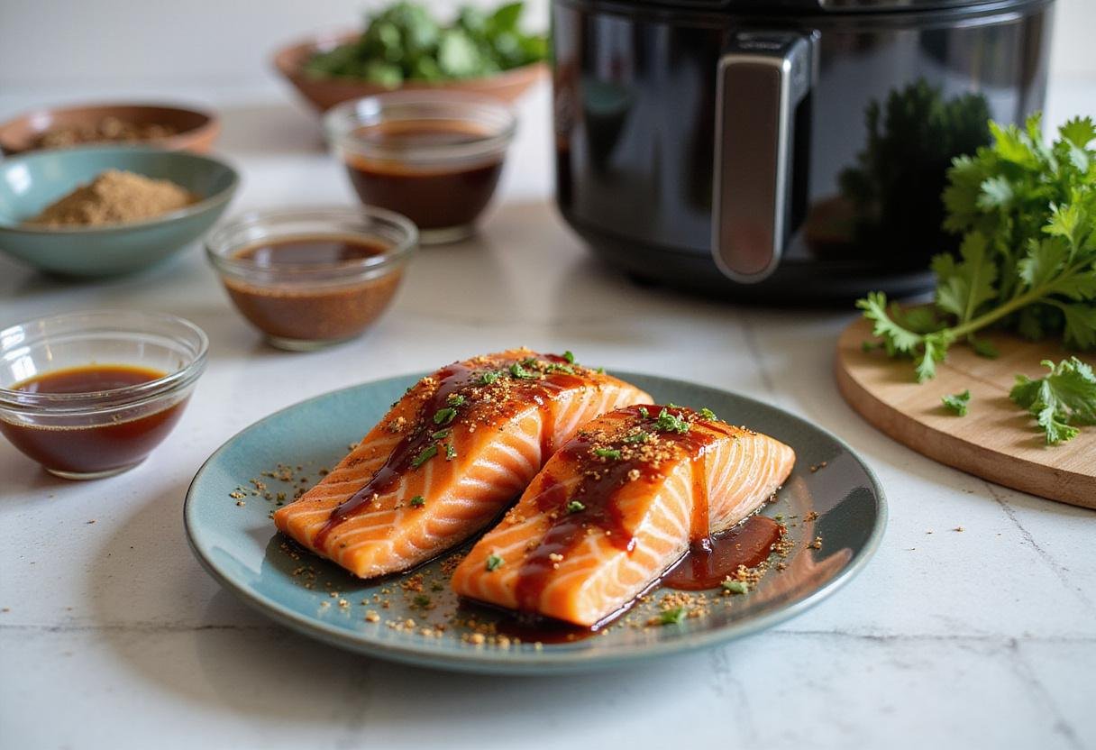 Preparing air fryer teriyaki salmon with fresh fillets and flavorful seasoning on a clean kitchen countertop.