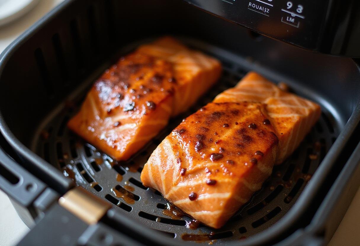 Cooking teriyaki salmon in an air fryer, showcasing the fillets with a shiny glaze ready to be perfectly cooked.