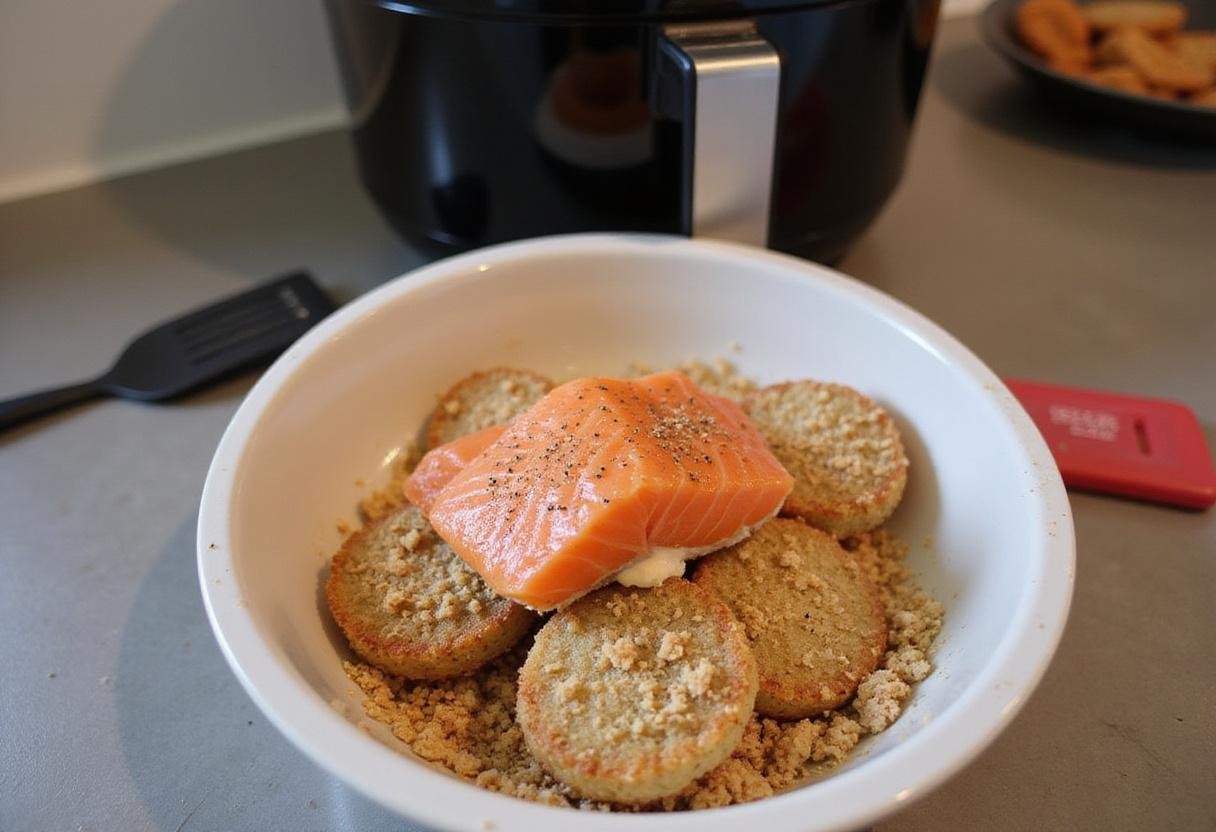 Making air fryer salmon cakes by combining flaked salmon and breadcrumbs in a mixing bowl on a vibrant kitchen counter.