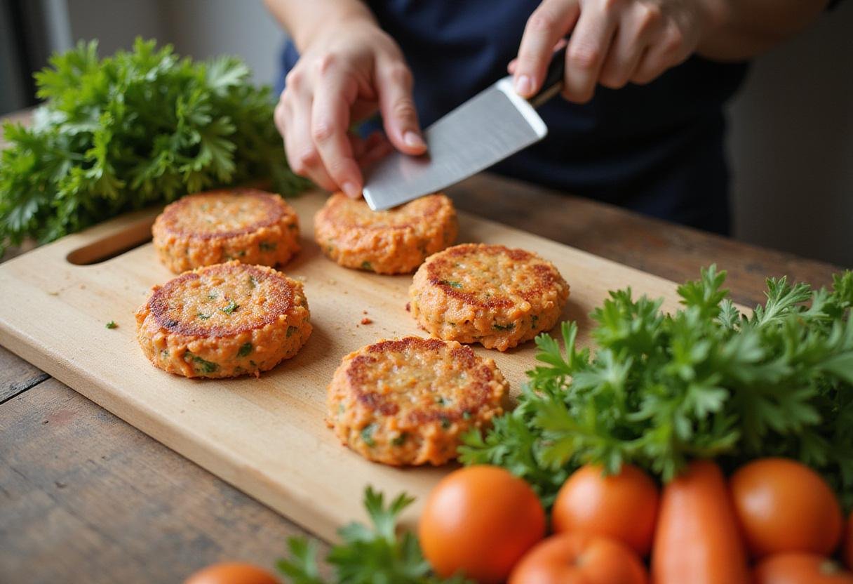 Shaping air fryer salmon cakes from a flavorful mixture on a cutting board, ready to be air-fried to perfection.