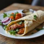 Indulge in the final presentation of an authentic chicken shawarma wrap, beautifully plated with pickled vegetables and tahini sauce, perfect for any meal.