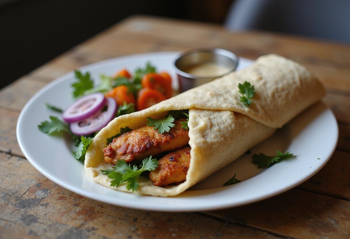 Indulge in the final presentation of an authentic chicken shawarma wrap, beautifully plated with pickled vegetables and tahini sauce, perfect for any meal.