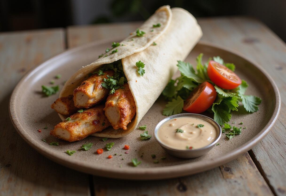 Indulge in the final presentation of an authentic chicken shawarma wrap, beautifully plated with pickled vegetables and tahini sauce, perfect for any meal.