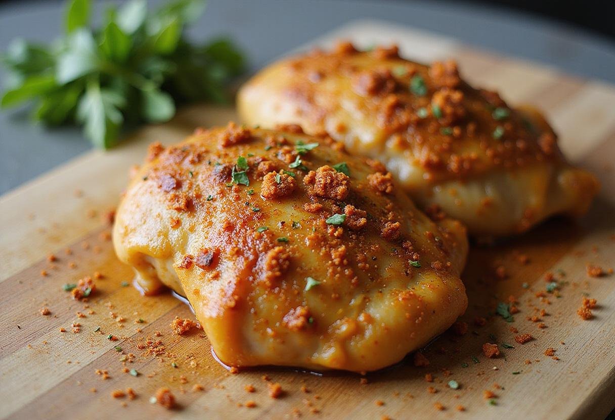 Explore the essential step of preparing marinated chicken thighs for an authentic chicken shawarma wrap, featuring garlic, cumin, turmeric, and paprika spices.