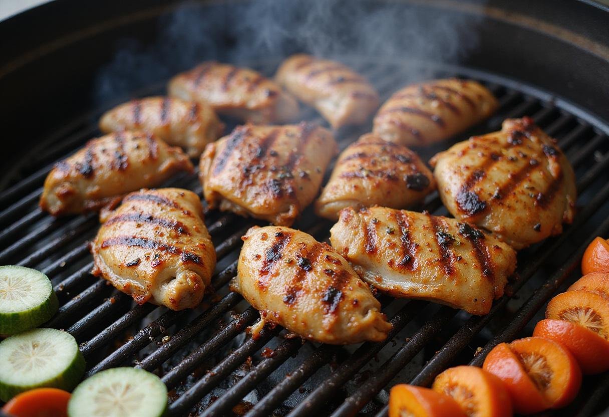 Witness the cooking process of marinated chicken on a grill for delicious chicken shawarma wraps, surrounded by vibrant vegetables ready for assembling.