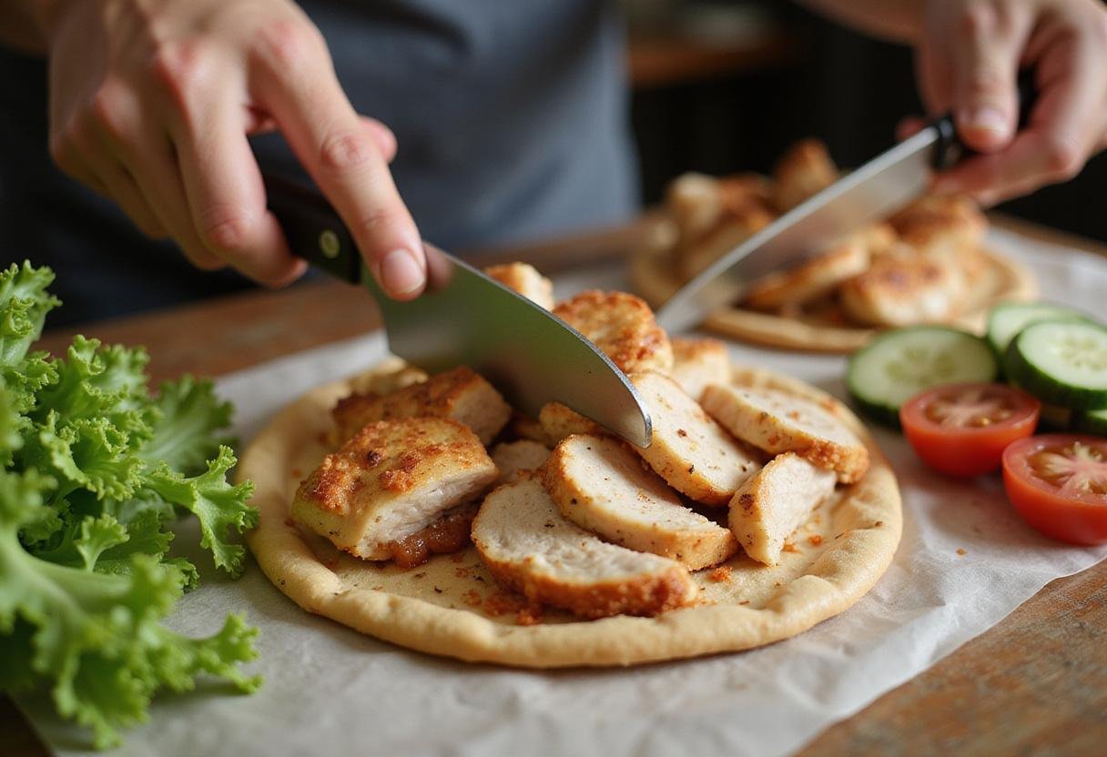 Step into the preparation of authentic chicken shawarma wrap, showcasing freshly sliced chicken strips on flatbread accompanied by fresh vegetables.
