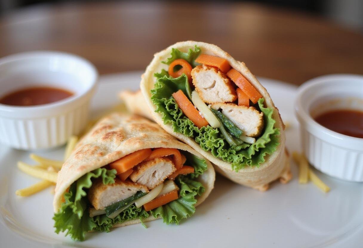 Discover the art of rolling an authentic chicken shawarma wrap, filled with savory chicken and fresh veggies, accompanied by sauces for added flavor.