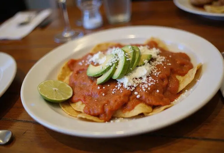 Deliciously plated authentic chilaquiles rojos topped with fresh ingredients, perfect for serving as a vibrant and flavorful breakfast or brunch.
