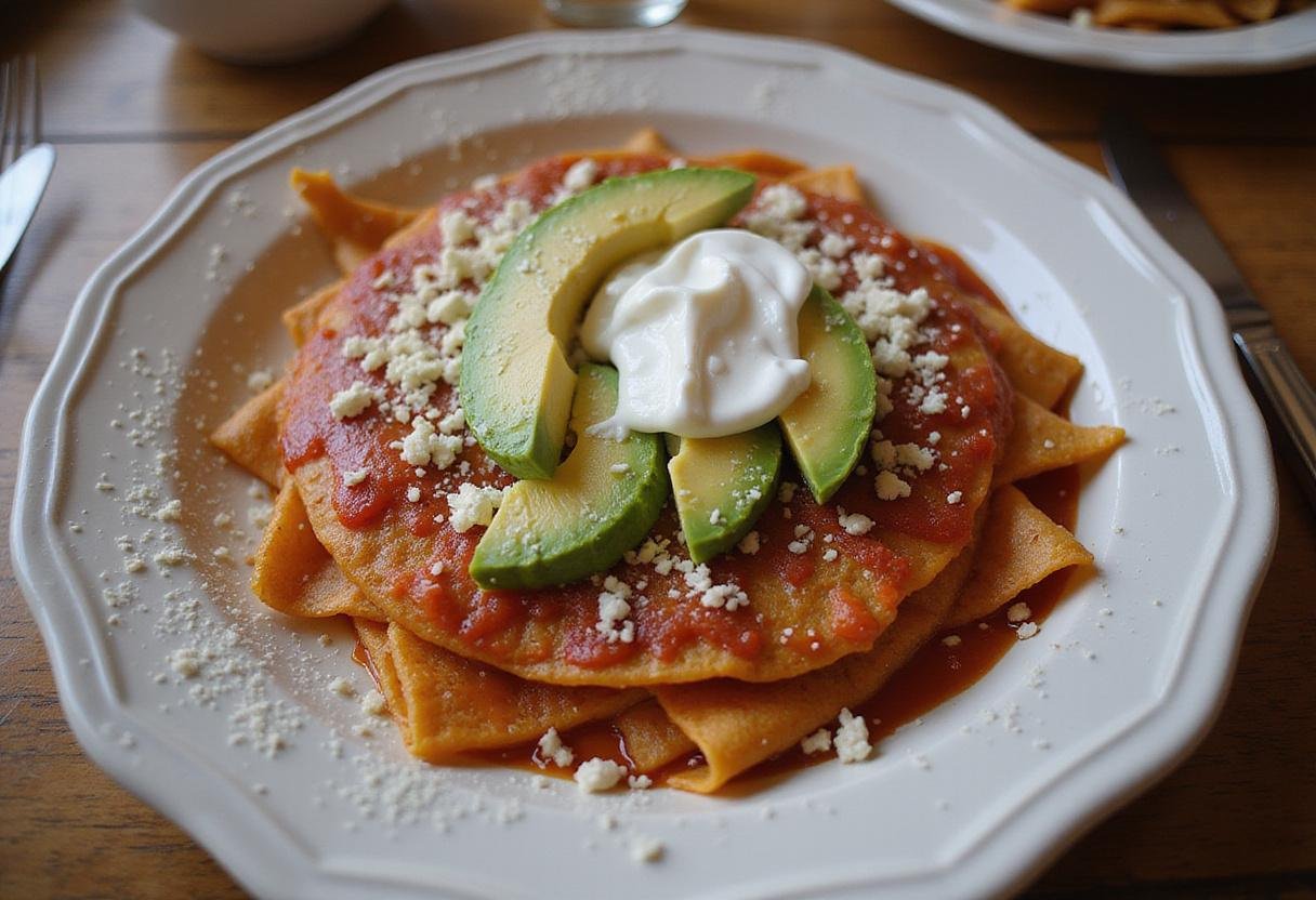 Deliciously plated authentic chilaquiles rojos topped with fresh ingredients, perfect for serving as a vibrant and flavorful breakfast or brunch.
