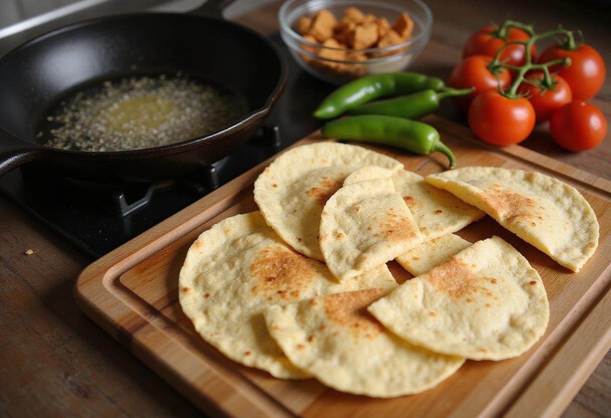 Preparation of chilaquiles rojos with corn tortillas and fresh ingredients to create a delicious base for this traditional dish.
