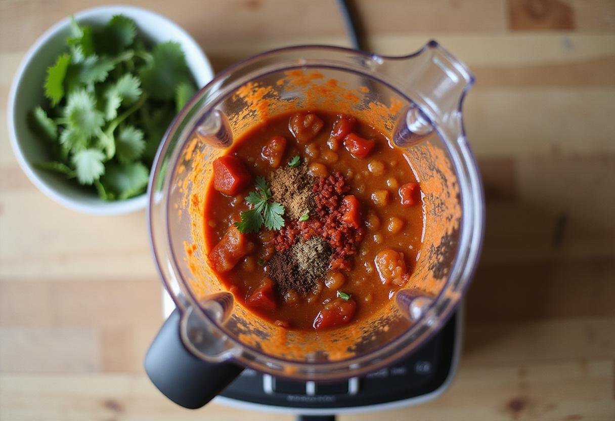 Creating the spicy sauce for chilaquiles rojos, blending ripe tomatoes and peppers to achieve the perfect flavor for this renowned Mexican dish.