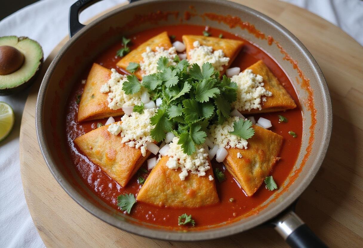 Assembling chilaquiles rojos with crispy tortilla chips and vibrant toppings, highlighting this flavorful and colorful Mexican dish.