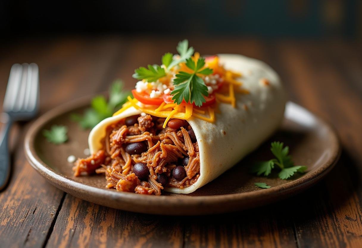 Delicious carnitas burrito with authentic flavors, showcasing the final result of traditional Mexican cuisine.