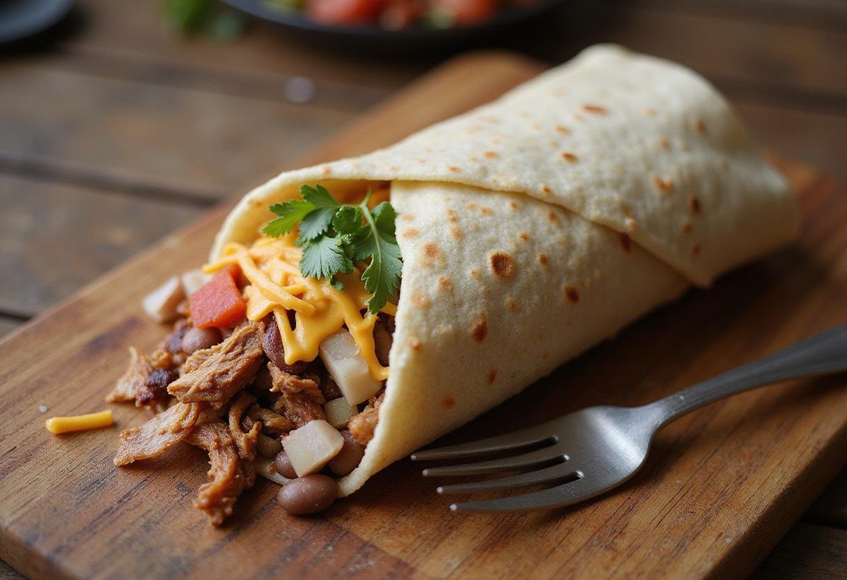 Delicious carnitas burrito with authentic flavors, showcasing the final result of traditional Mexican cuisine.