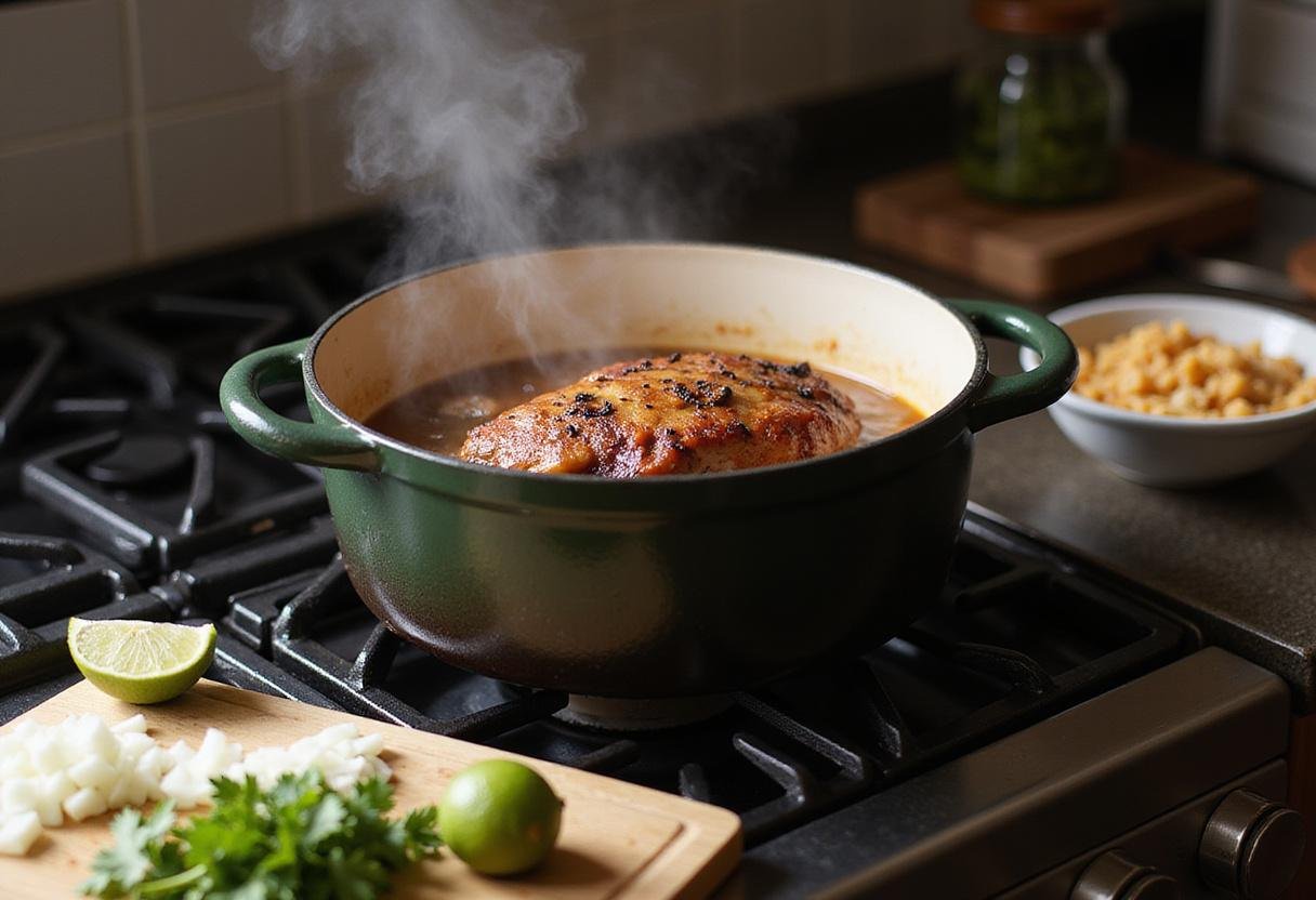 Cooking authentic Dutch oven carnitas, showing simmering pork with onions and fresh ingredients for a delicious meal.