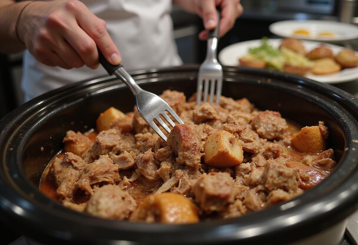 Shredding tender smoked carnitas in the kitchen, ready for serving in burritos or tacos.
