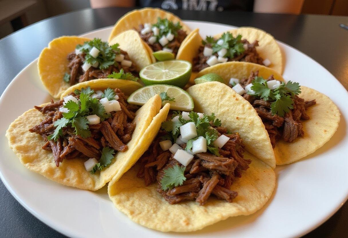 Serving authentic Mexican carnitas with tortillas and fresh garnishes, perfect for a traditional meal or burrito.