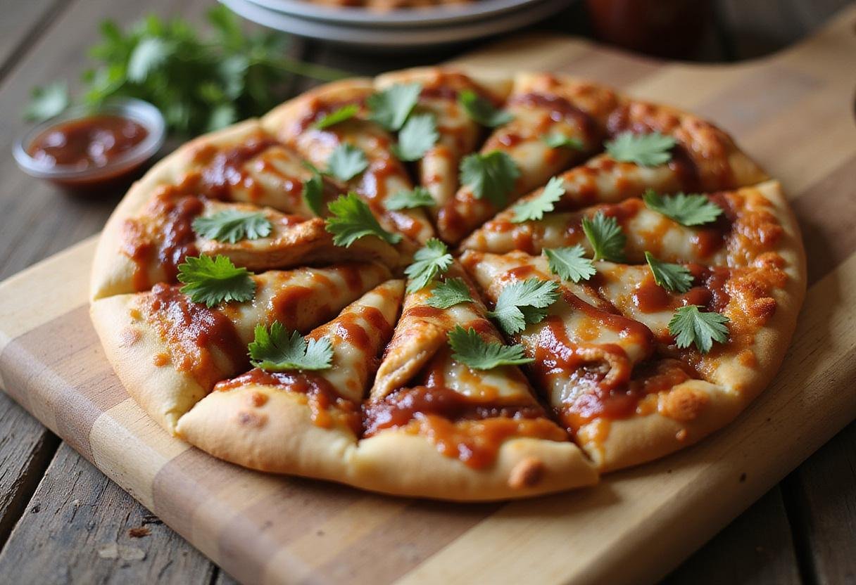 Delicious BBQ chicken pizza, inspired by California Pizza Kitchen and Domino's, ready to be served, showcasing melted cheese and flavorful toppings.