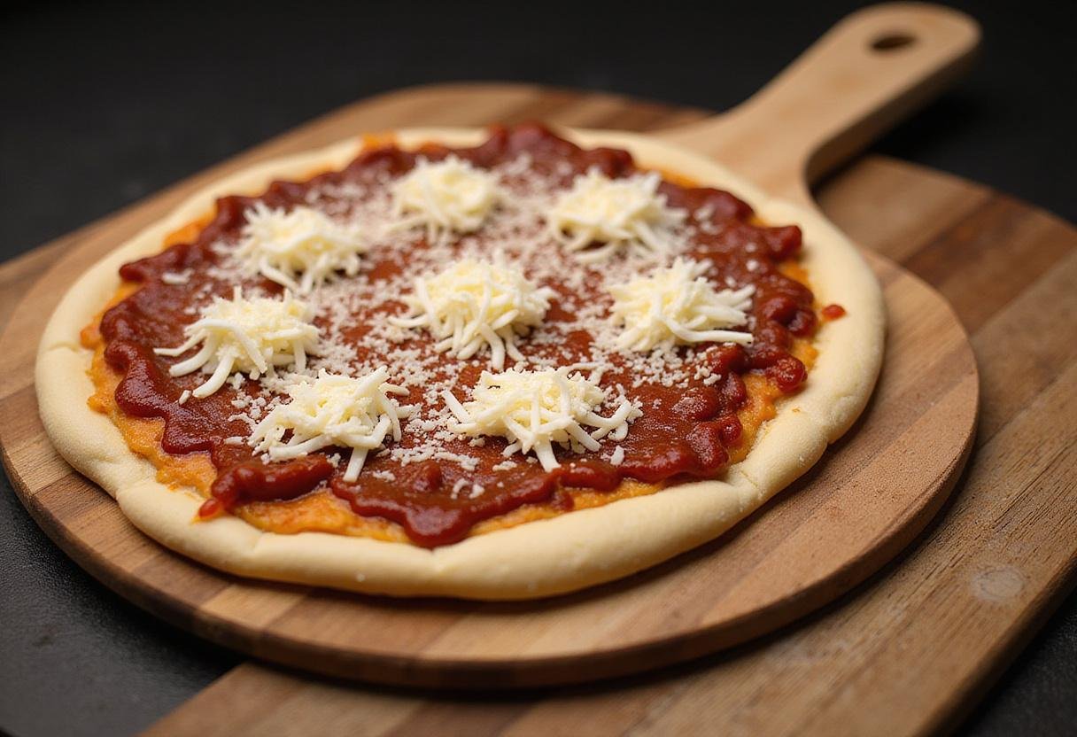Ready-to-bake BBQ chicken pizza with barbecue sauce and cheese, inspired by CPK and Domino's recipes.