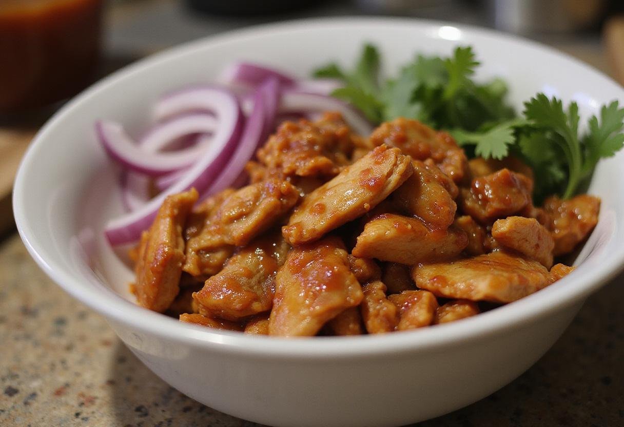Shredded BBQ chicken with sauce and toppings for delicious BBQ chicken pizza, a favorite among CPK and Domino's fans.