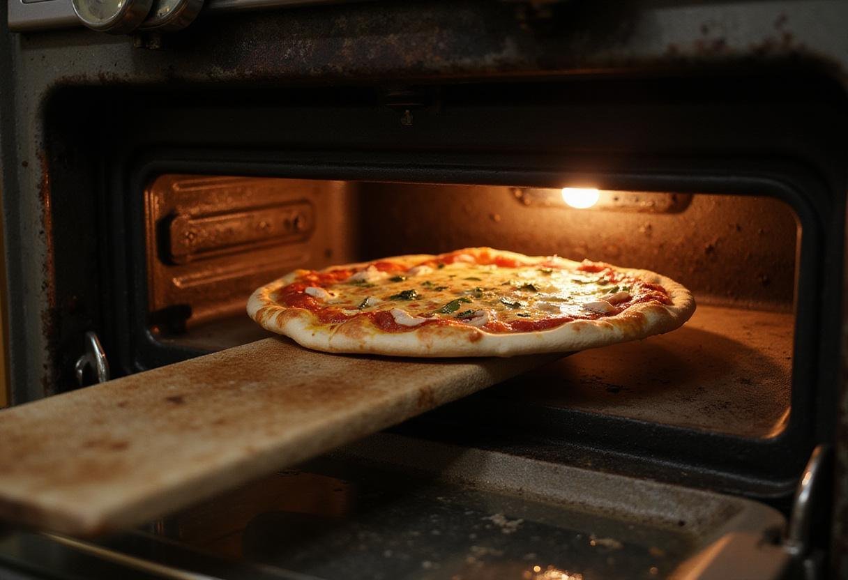 Placing BBQ chicken pizza in the oven for a crispy bake, reminiscent of California Pizza Kitchen and Domino's style.