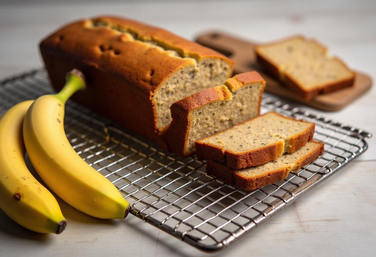 Final result of banana bread made with cake mix displayed on a cooling rack with fresh bananas and sliced bread.