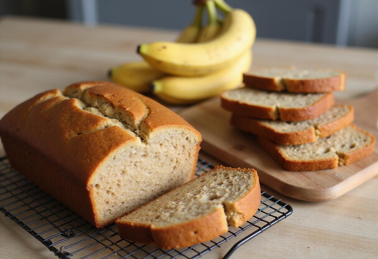 Final result of banana bread made with cake mix displayed on a cooling rack with fresh bananas and sliced bread.