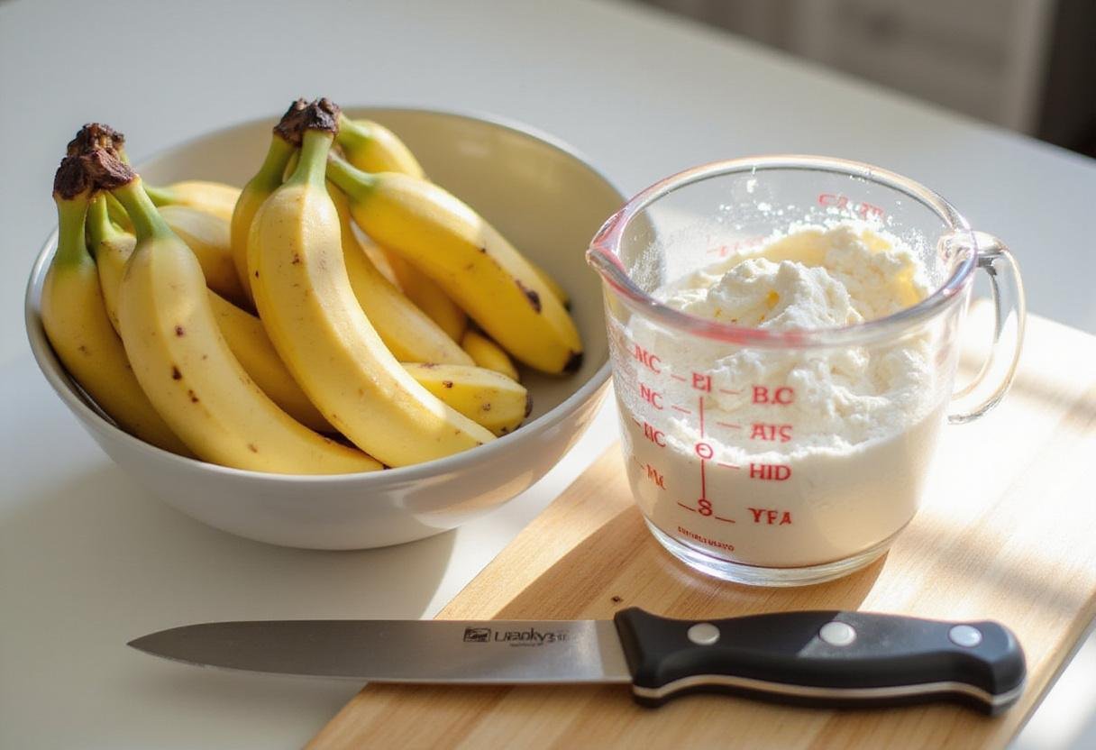 Preparing banana bread made with cake mix using ripe mashed bananas and cake mix in a sunny kitchen.