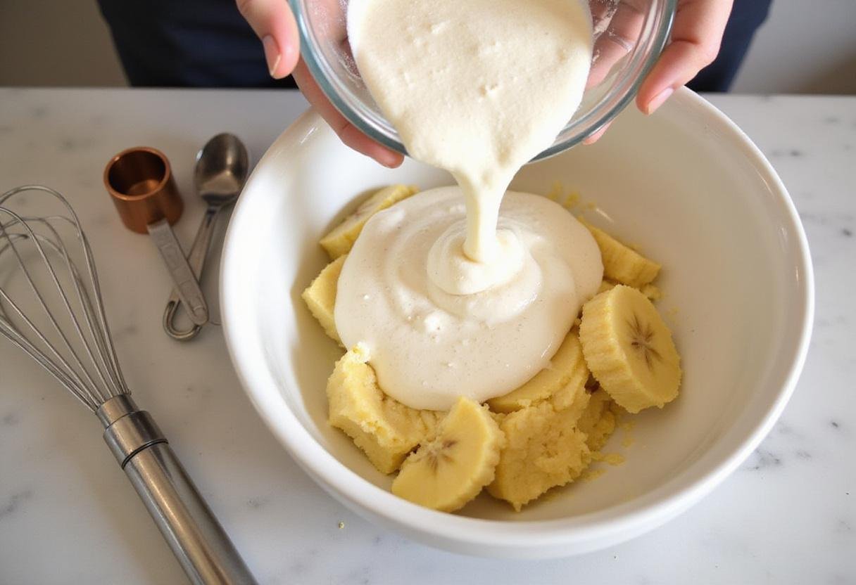 Mixing ingredients for a banana bread recipe using cake mix, pouring cake mix into ripe bananas in a cozy kitchen.