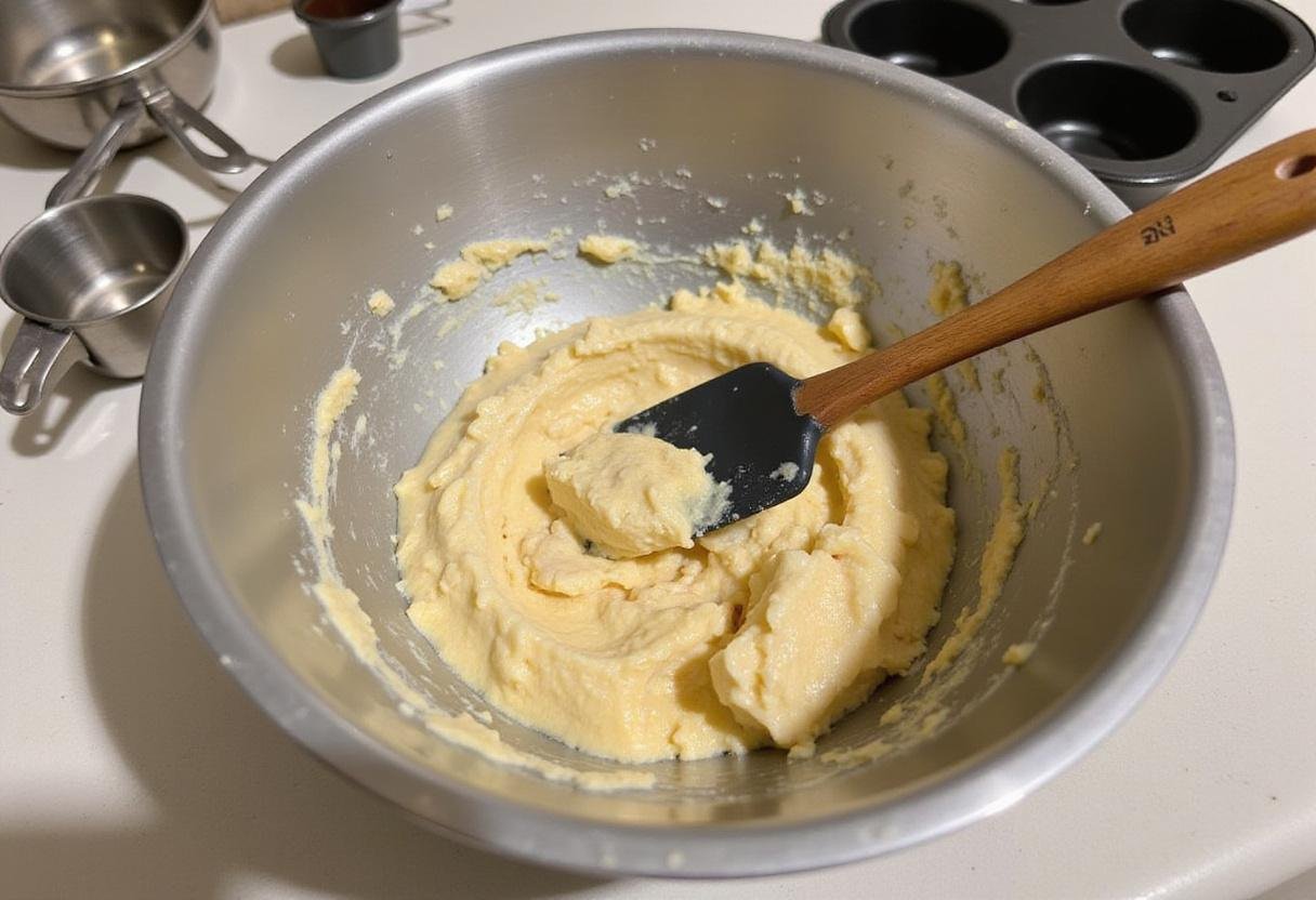 Combining the banana bread batter made with cake mix in a mixing bowl surrounded by baking tools.
