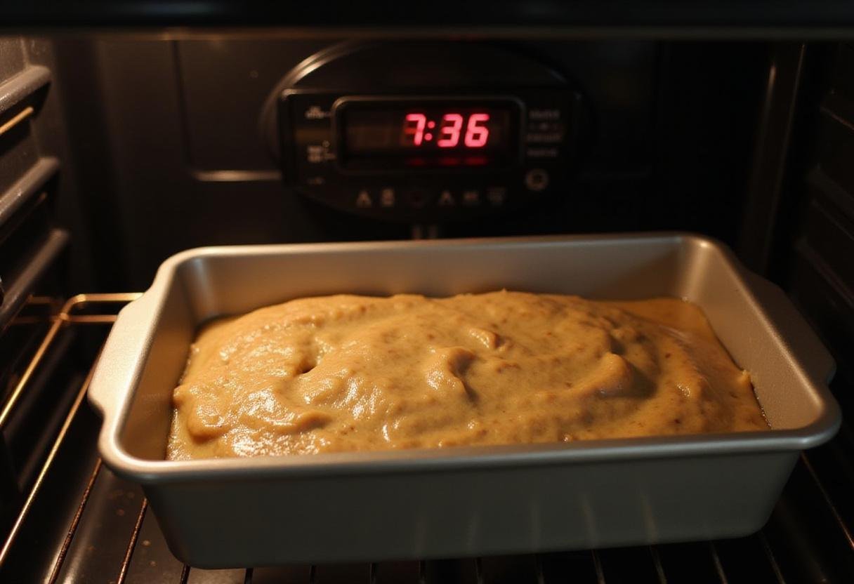 Putting banana bread batter made with cake mix into a preheated oven for baking in a warm kitchen.