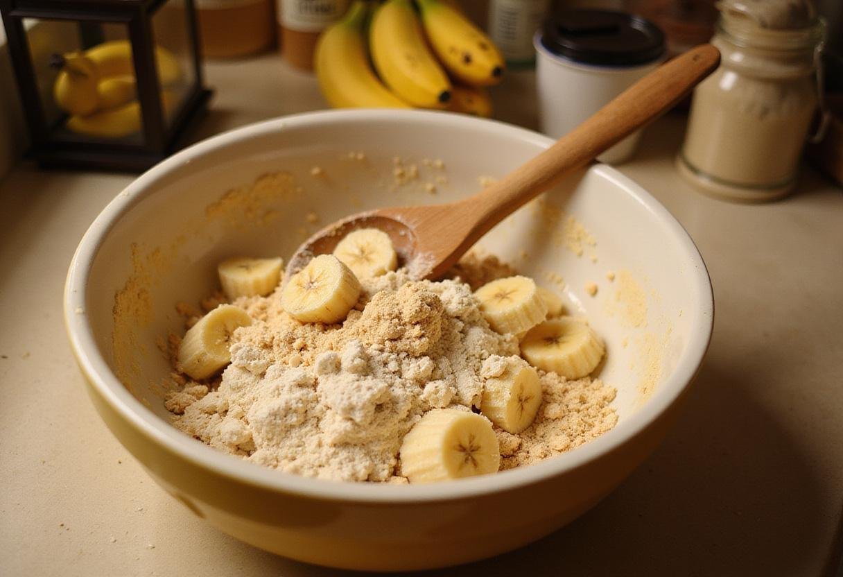 Delicious banana apple bread ingredients being mixed, showcasing ripe bananas and flour in a cozy kitchen.