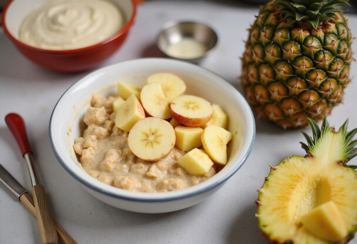 Fresh chopped apples and juicy pineapple being added to banana bread mix, perfect for a delightful banana bread cake.