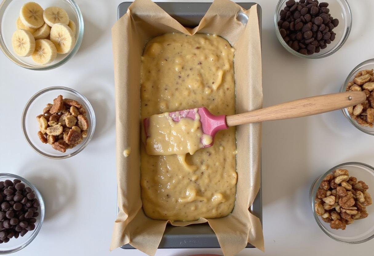 Smooth banana bread batter being poured into a loaf pan, ideal for creating versatile banana bread variations.