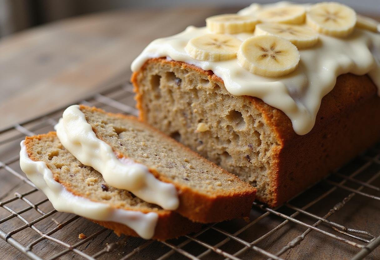 Warm banana bread loaf with cream cheese frosting and banana slices, showcasing beautiful banana apple bread variations.