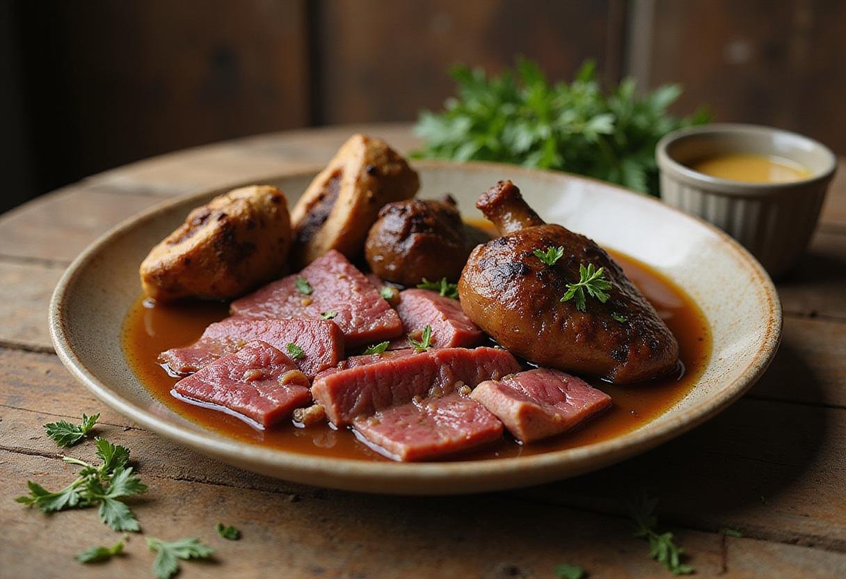 A stunning display of beef organ meats including heart, liver, and marrow broth, showcasing the variety and richness of beef organ meats cuisine.