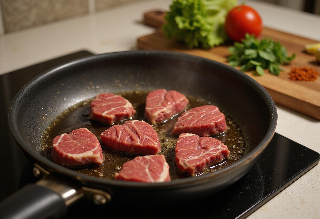 Cooking beef heart in a frying pan with oil and spices for a flavorful meal, highlighting beef organ meats preparation.