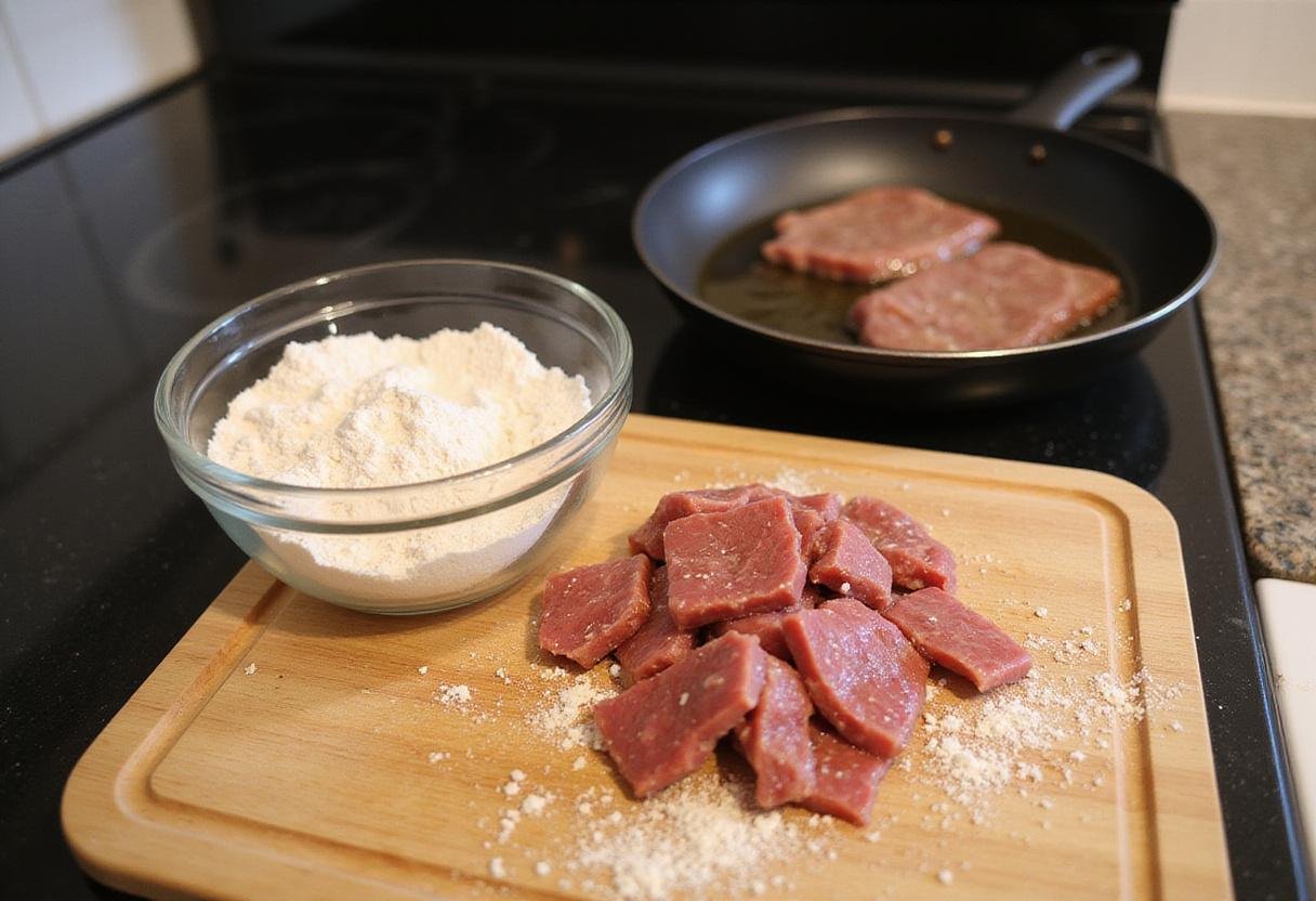 Preparing beef liver for frying by coating it in seasoned flour, showcasing the process of handling beef organ meats.