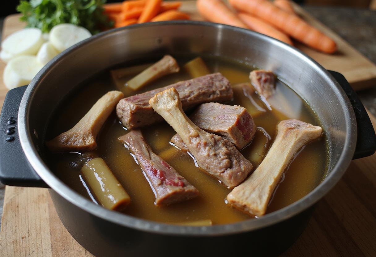 Boiling beef marrow bones with vegetables to create a rich broth, emphasizing the classic use of organ meats in cooking.