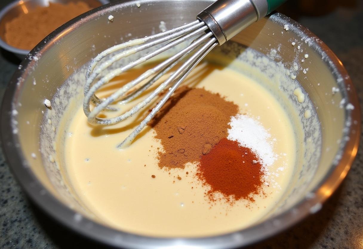 Preparing the batter for air fryer cauliflower wings, blending spices and flour for a delicious coating.