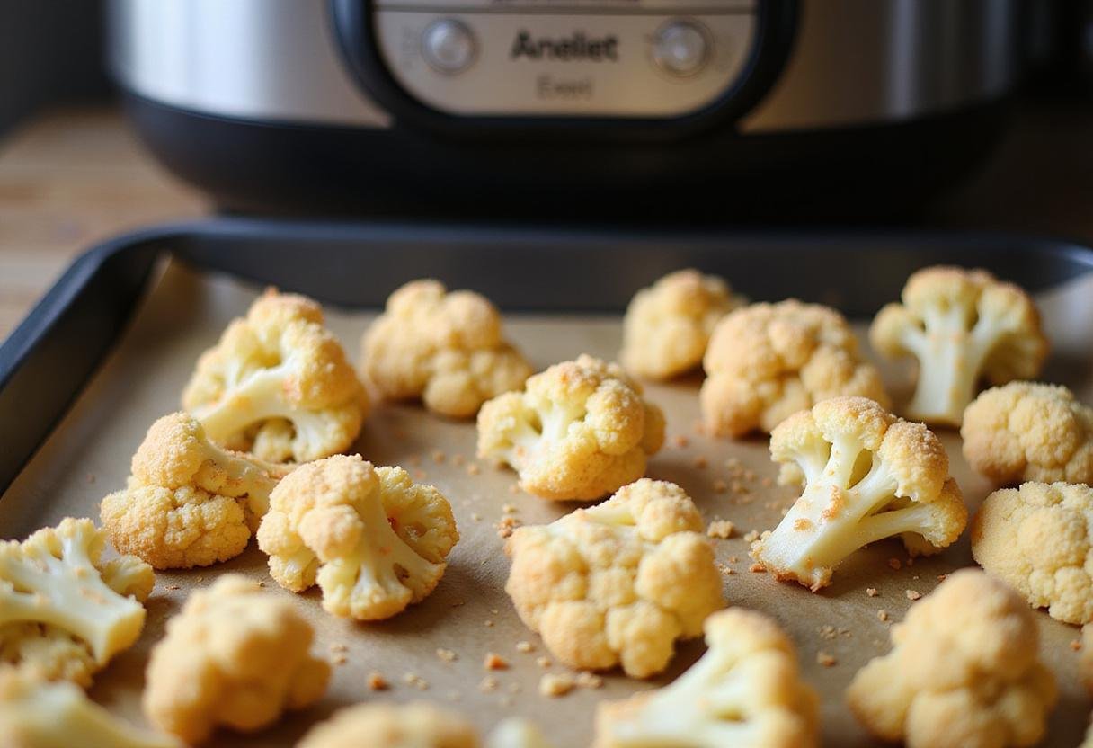 Coating cauliflower florets in batter, ready to make perfect air fryer cauliflower wings.