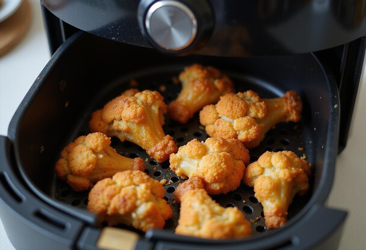 Cooking delicious cauliflower wings in the air fryer, showcasing the crispiness of the air fryer cooking method.