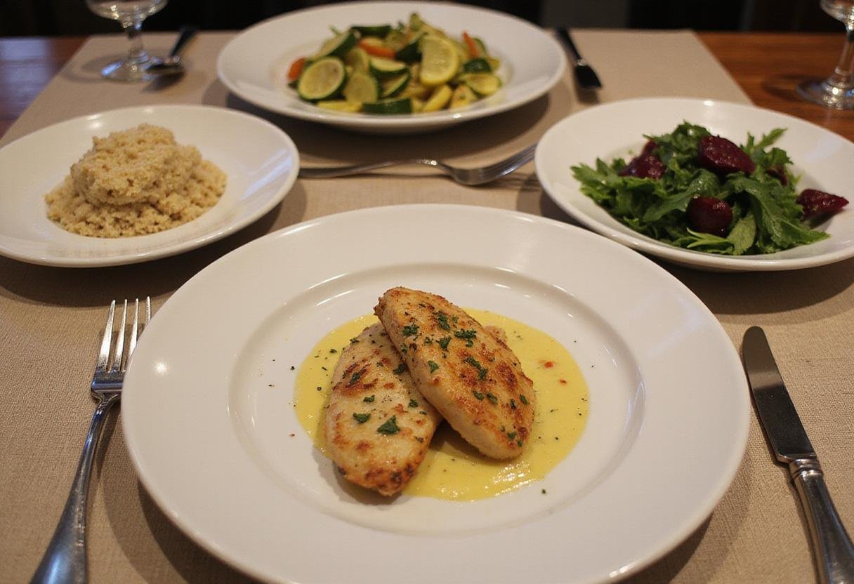 An exquisite presentation of chicken piccata with ideal side dishes, showcasing what to serve with chicken piccata for a perfect dinner.