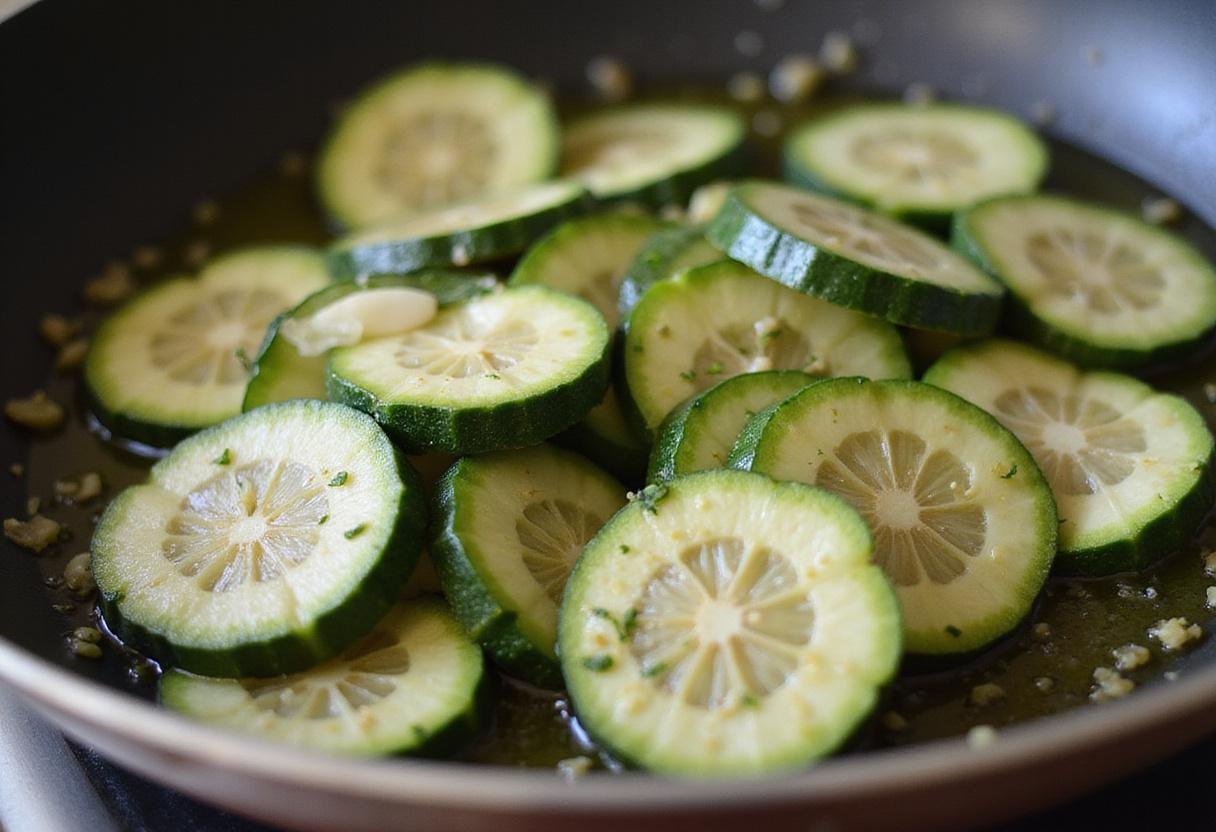Sautéed zucchini prepared as a delicious side dish for chicken piccata, enhancing the meal with fresh flavors.